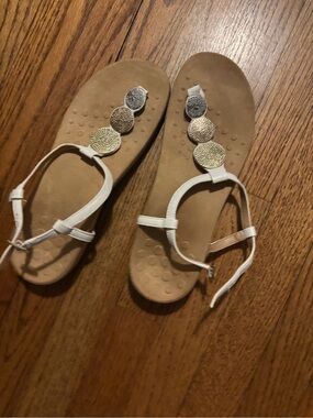 Vionic White T-Strap Sandals with Mixed Metallic Discs